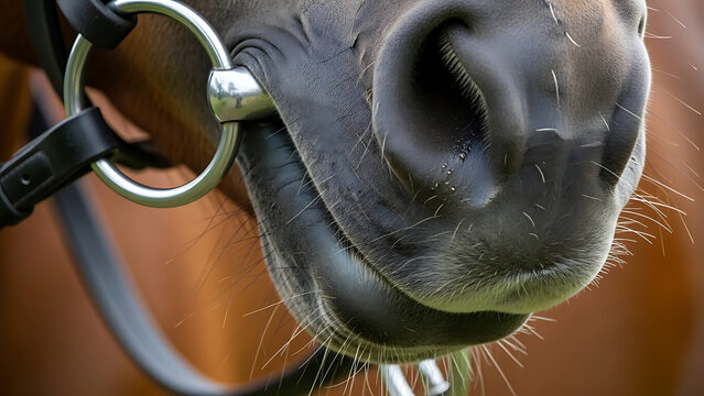 Detailed macro shot of equine muzzle featuring stainless steel snaffle bit with metallic ring, showing soft velvet lip and gentle contact during professional equestrian dressage training.