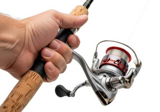Close-up of a hand holding a spinning fishing reel on a rod isolated on white background