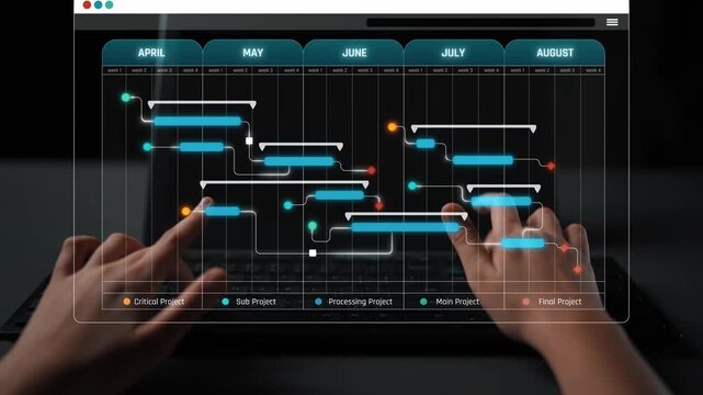 Hands Typing on Laptop with Transparent Gantt Chart Display Showing Project Timeline with Colorful Milestones for Effective Task Management Sigmoid
