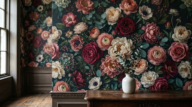Vintage Floral Wallpaper with Roses and Anemones in a Dark, Moody Interior
