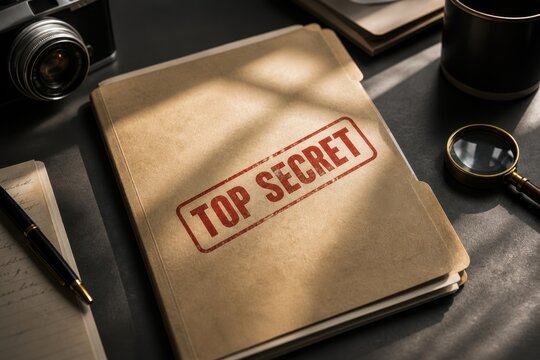 Top Secret Intelligence File with Confidential Spy Documents on Desk