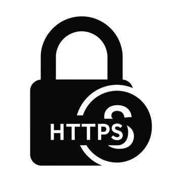 HTTPS secure protocol icon, black padlock symbol with SSL certificate text, web security and data encryption vector