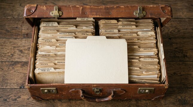 Vintage leather suitcase filled with organized document folders on a wooden surface