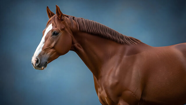 Elegant chestnut stallion with distinct white facial blaze captured in a side profile stance against a minimalist textured blue studio backdrop showcasing fine equine muscular anatomy and grace.