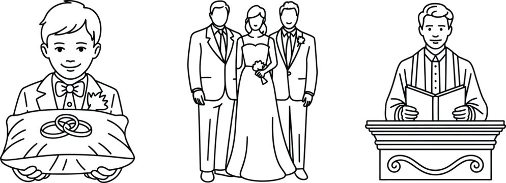 Wedding ceremony participants 3 figures illustration with ring bearer bride and groom
