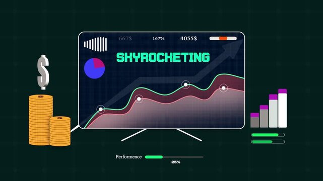 Modern electronic screen featuring skyrocketing statistics with glowing graphs for economic reports and wealth management analysis