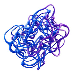Abstract 3D tangled liquid shape with blue and purple gradient colors isolated on transparent background for design