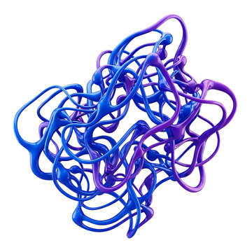 Abstract 3D tangled liquid shape with blue and purple gradient colors isolated on transparent background for design
