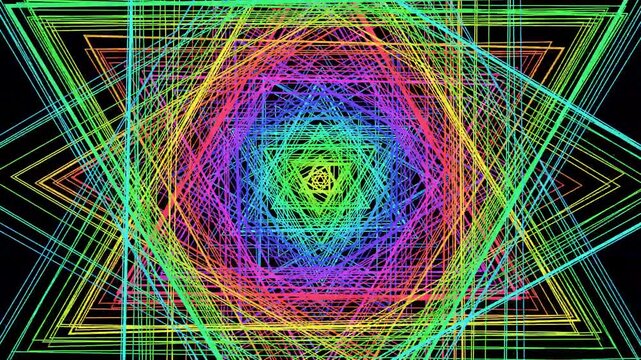 Abstract motion graphic with colorful lines forming geometric shapes that recede into a central point, creating a psychedelic tunnel effect.