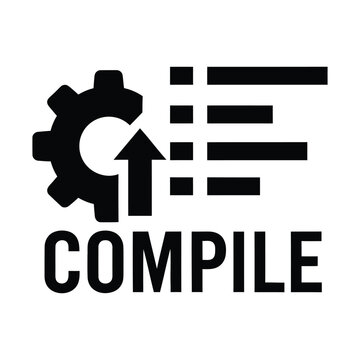 Compile software icon with gear and arrow, programming code execution vector, developer tool logo in black and white