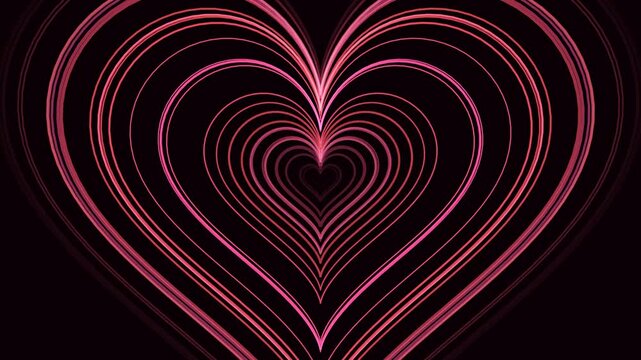 This abstract motion graphic features concentric hearts formed by glowing pink and red lines against a dark background, creating a mesmerizing, looping effect.