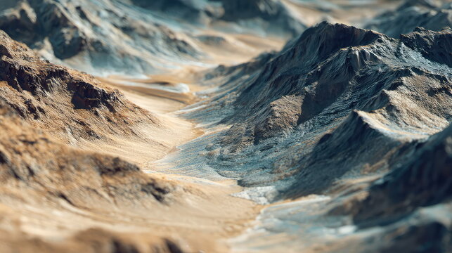 Miniature mountain landscape recreating an alien planet surface
