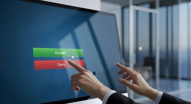 Person accepting or denying request on touch screen in office environment.