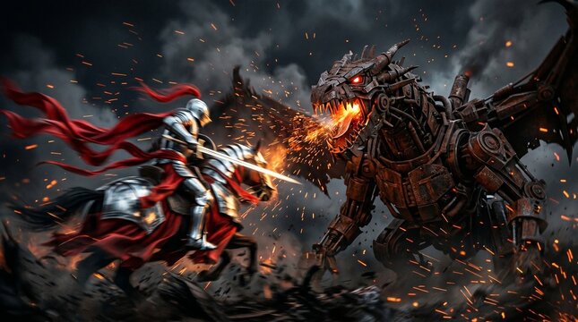 A knight on horseback charges a mechanical dragon breathing fire amidst smoke and sparks in a dramatic battle.
