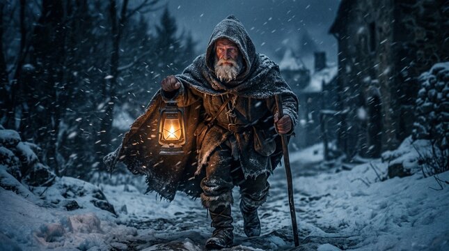 An elderly man in worn, hooded clothing walks through a snowy, dimly lit village, holding a lit lantern and a walking stick.