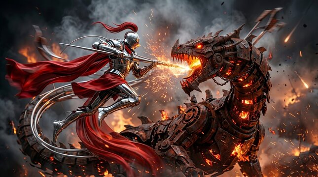 A knight in shining armor with a red cape lunges at a fiery mechanical dragon, sparks flying amidst smoke and flames.