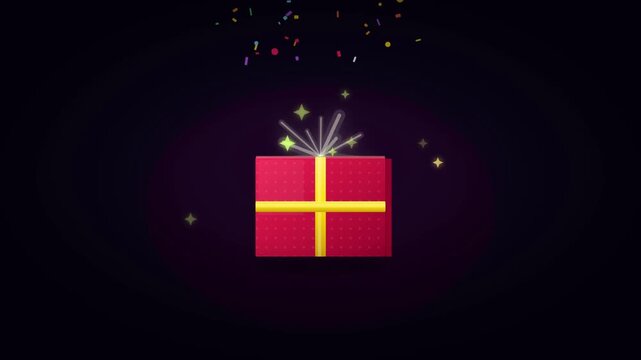 Animated red gift box opening with colorful confetti explosion celebration on dark background
