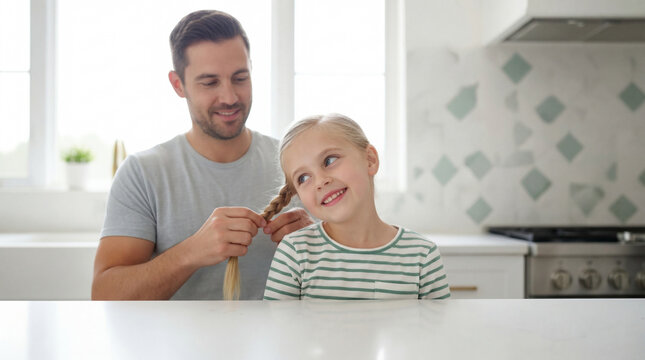 Father braiding hair of his young blonde daughter in a modern kitchen