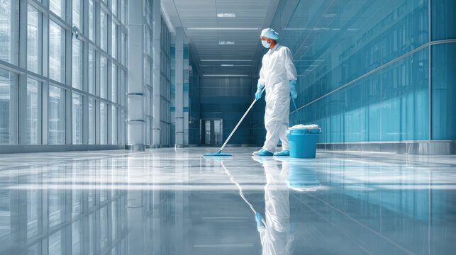 Sanitation in a Modern Building: A lone figure in protective gear meticulously mops a gleaming hallway, reflecting the bright, sterile environment, embodying dedication to cleanliness and hygiene.