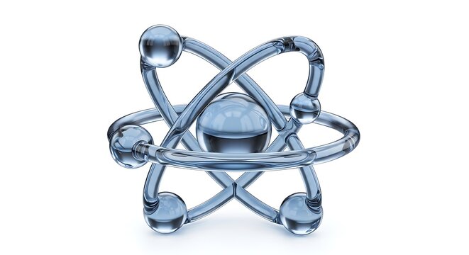 3d render of a glass atom model with orbiting electrons isolated on white background