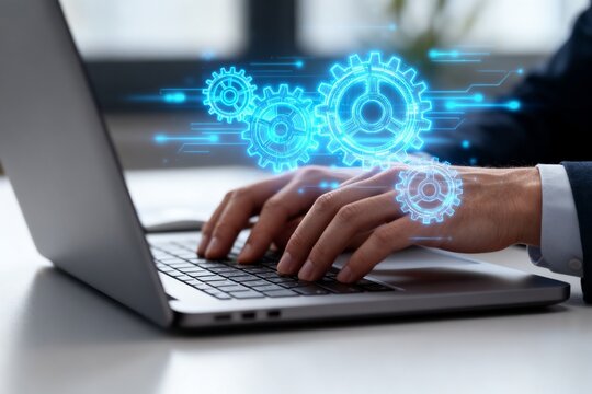Hands typing on laptop with digital gears