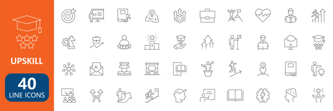 Upskill Career Growth and Online Learning Line Icon Set Collection