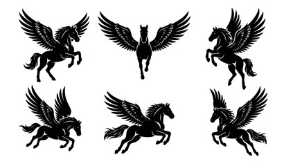 Fototapeta premium Pegasus silhouettes set vector flying winged horse fantasy logos