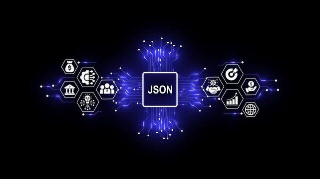 Futuristic JSON Data Concept with Digital Network and Business Icons
