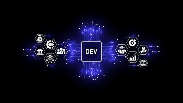 Futuristic Developer Technology Concept with Digital Network and Business Icons
