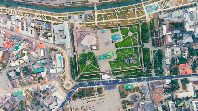 Tula, Russia. Tula Kremlin, Kazanskaya embankment. General panorama of the city from the air. Drone footage