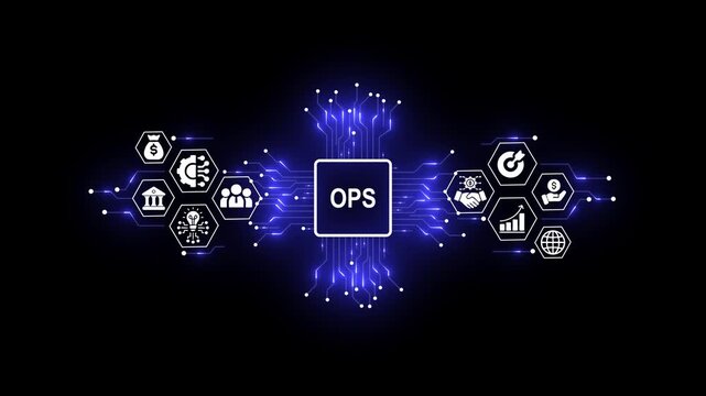 Futuristic DevOps Technology Concept with Digital Network and Business Icons
