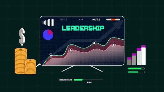 Modern electronic screen displaying leadership statistics to visualize top tier financial results for banking and corporate videos