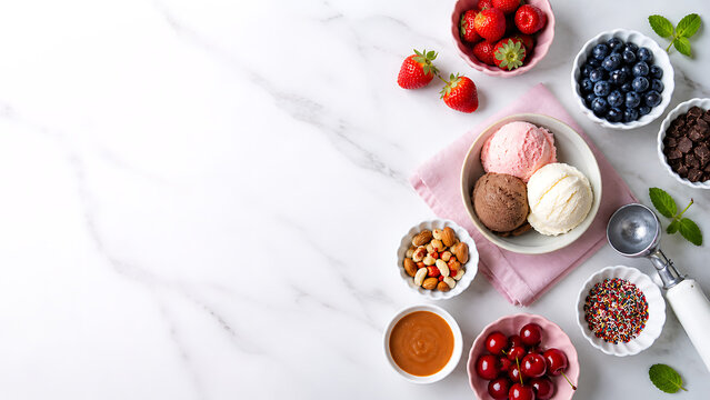A delicious assortment of ice cream scoops with various toppings on a marble surface with bowls of strawberries blueberries cherries and chocolate chips