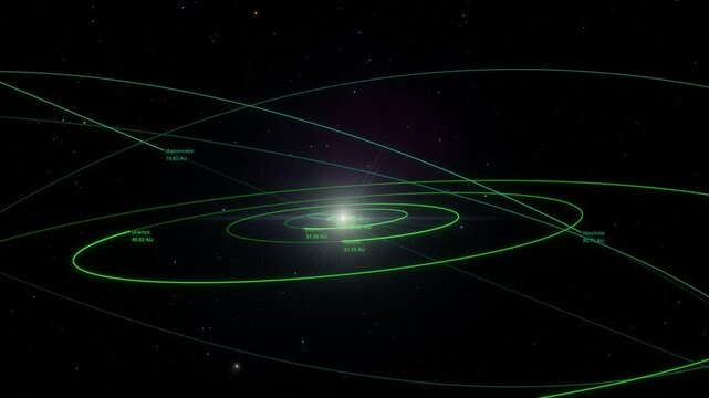 A cinematic voyage through the solar system, charting a precise trajectory past the major celestial bodies. The sequence captures the immense scale of the planets set against a dense, high-contrasts