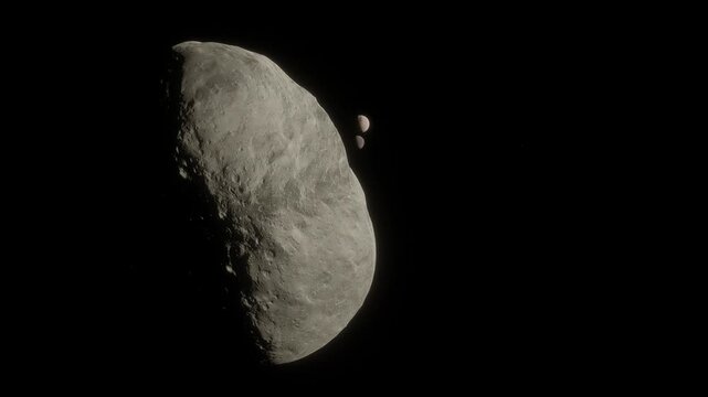 Hydra traverses the foreground, gradually revealing the dual system of Pluto and Charon. The sequence emphasizes the stark contrast of the moons against the absolut