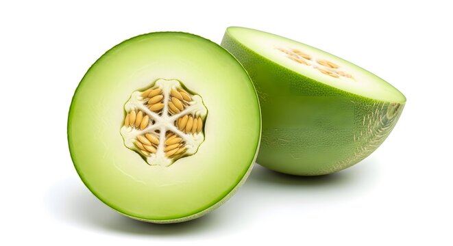 Half of a fresh green honeydew melon showing juicy pulp and seeds isolated on a plain white studio background