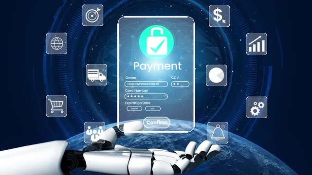 Innovative Digital Payment Concept Featuring Secure Card Entry Process with Robotic Hand and Futuristic Technology Background Gluon.