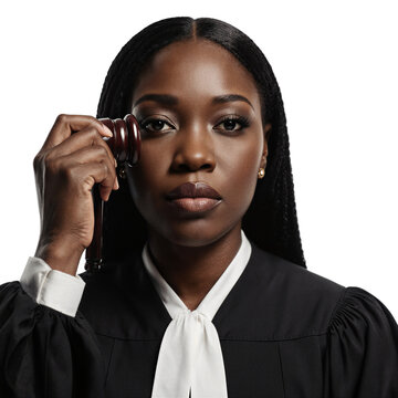 Judge justice law portrait of a serious black female judge holding a mallet on a transparent background for legal concepts