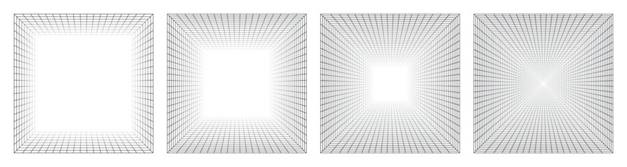 Abstract wireframe tunnel grid variations with perspective depth geometric square frames minimal monochrome design architectural digital background vector illustration modern template set © SpainArts