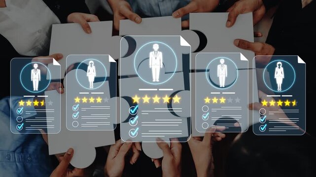 Diverse Group of Professionals Collaborating on Recruitment Process with Resumes and Digital Profiles Displayed in Modern Office Environment Sigmoid