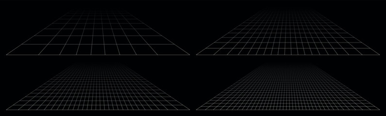Black background with white perspective grid planes forming multiple angles, minimalist geometric surfaces fading into darkness, abstract digital floor structures for modern tech visualization themes © SpainArts