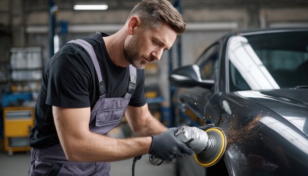 Car mechanic polishing vehicle body with orbital polisher in auto repair shop