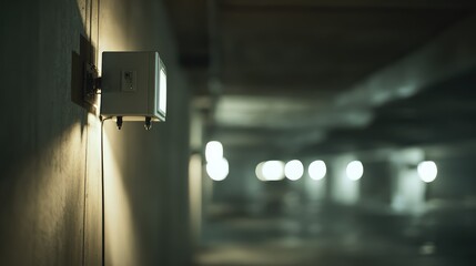 Naklejka premium Security motion sensor light illuminating dark basement