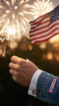 Sparkler actively burning during Independence Day celebration, showcasing patriotic Fourth of July ambiance, American flag symbolism, United States national identity, festive cultural atmosphere.
