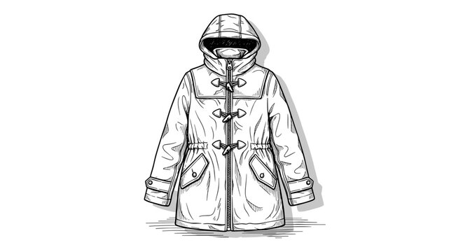 Detailed illustration of a parka coat with a zipped front, featuring toggle closures and a hood, set against a plain white background