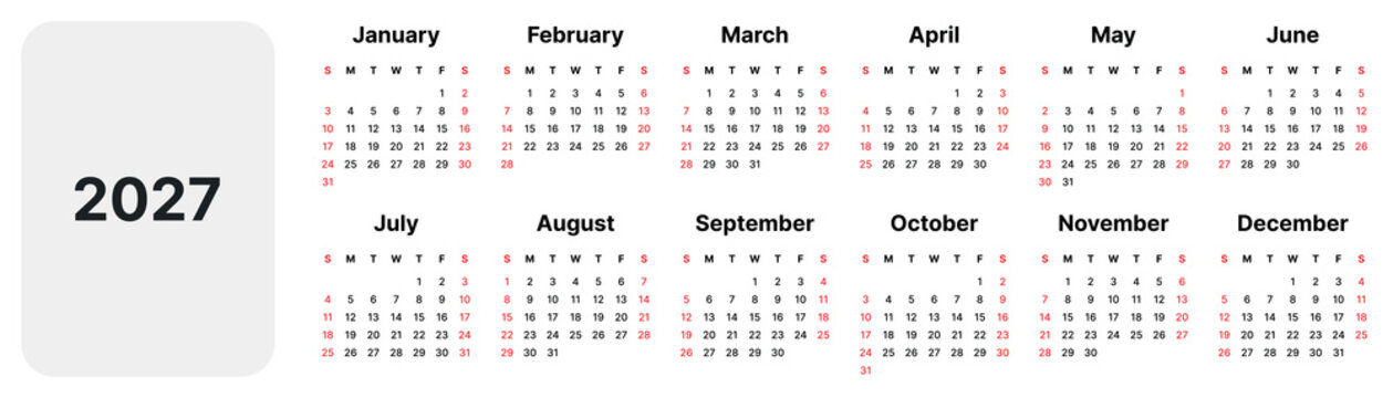 Minimal 2027 calendar template with clean layout panels start wide modern simple planner design black red dates yearly overview printable schedule organizer corporate style isolated background design.