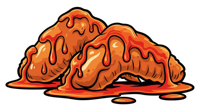 Illustration of crispy chicken wings drenched in spicy sauce with a vibrant orange hue on a white background