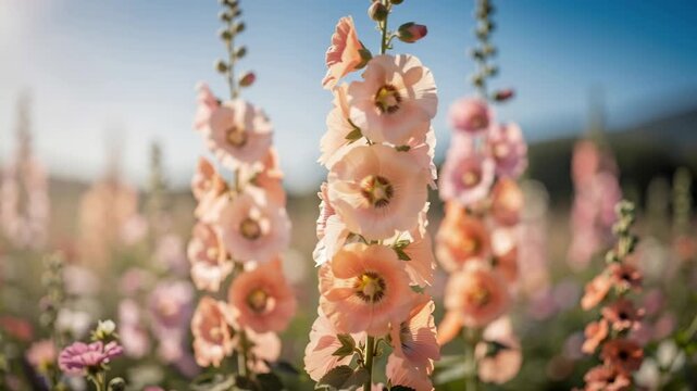 Serene blooming hollyhocks gently swaying under soft sunlight in a peaceful garden scene