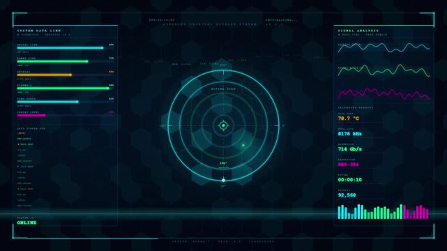 Futuristic tactical display dashboard with radar scan signal analysis and system data interface