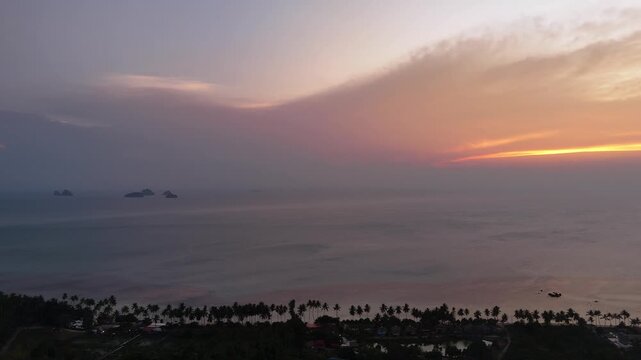 View of 5 islands from Koh Samui at sunset, drone view